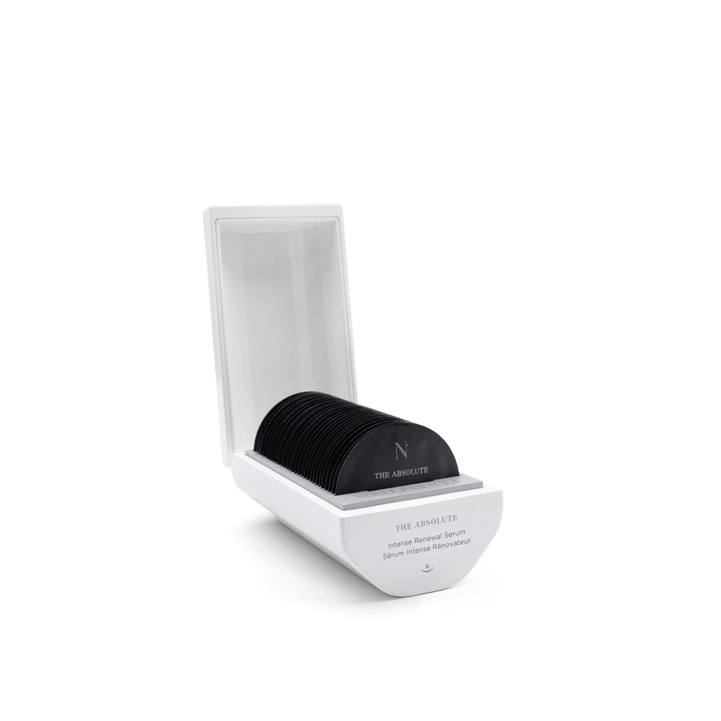 A box of 'The Absolute Intense Renewal Serum' by Noble Panacea, featuring a sleek design with a black and white color schem, displaying the product inside.
