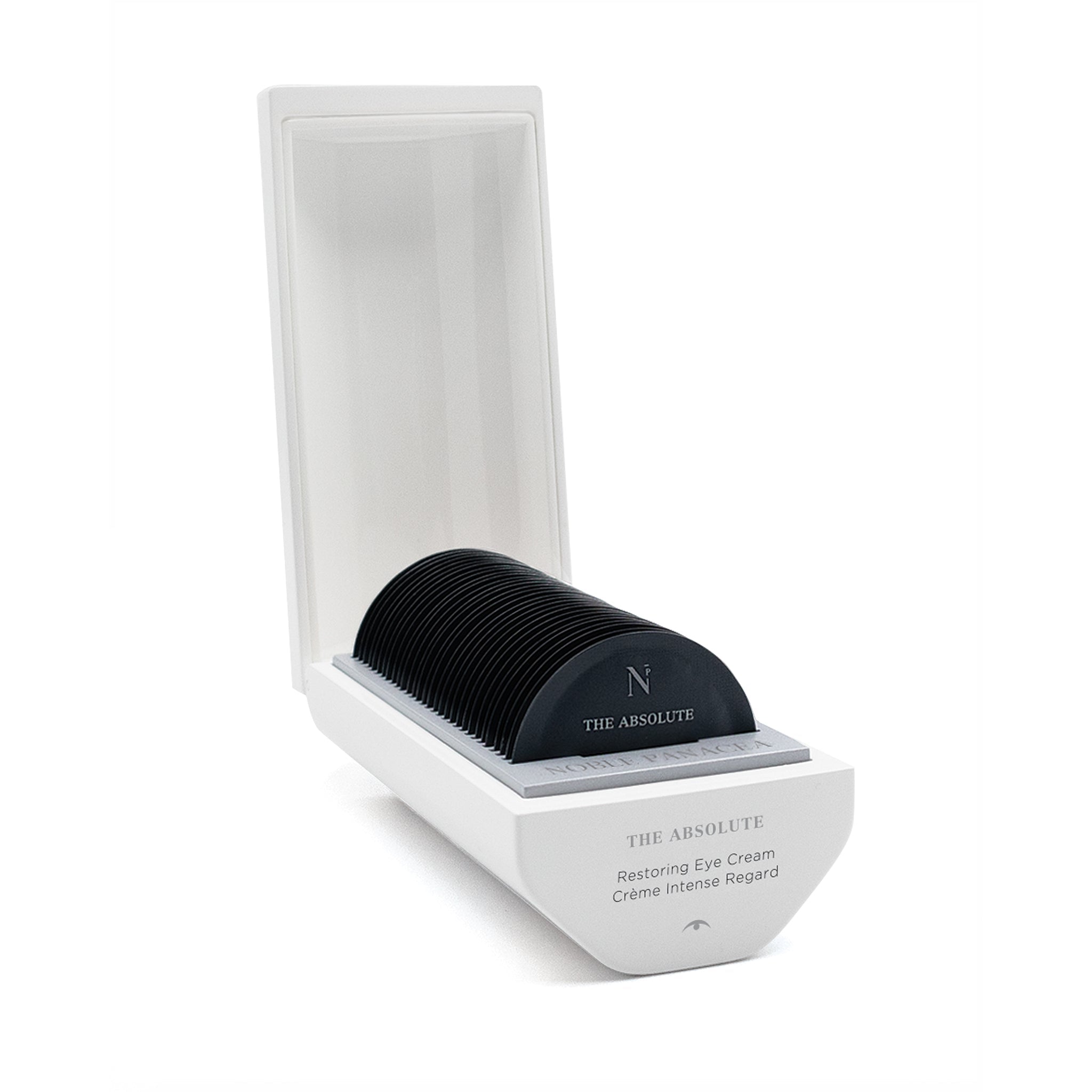 A white container of individual eye cream sachets on a white background.