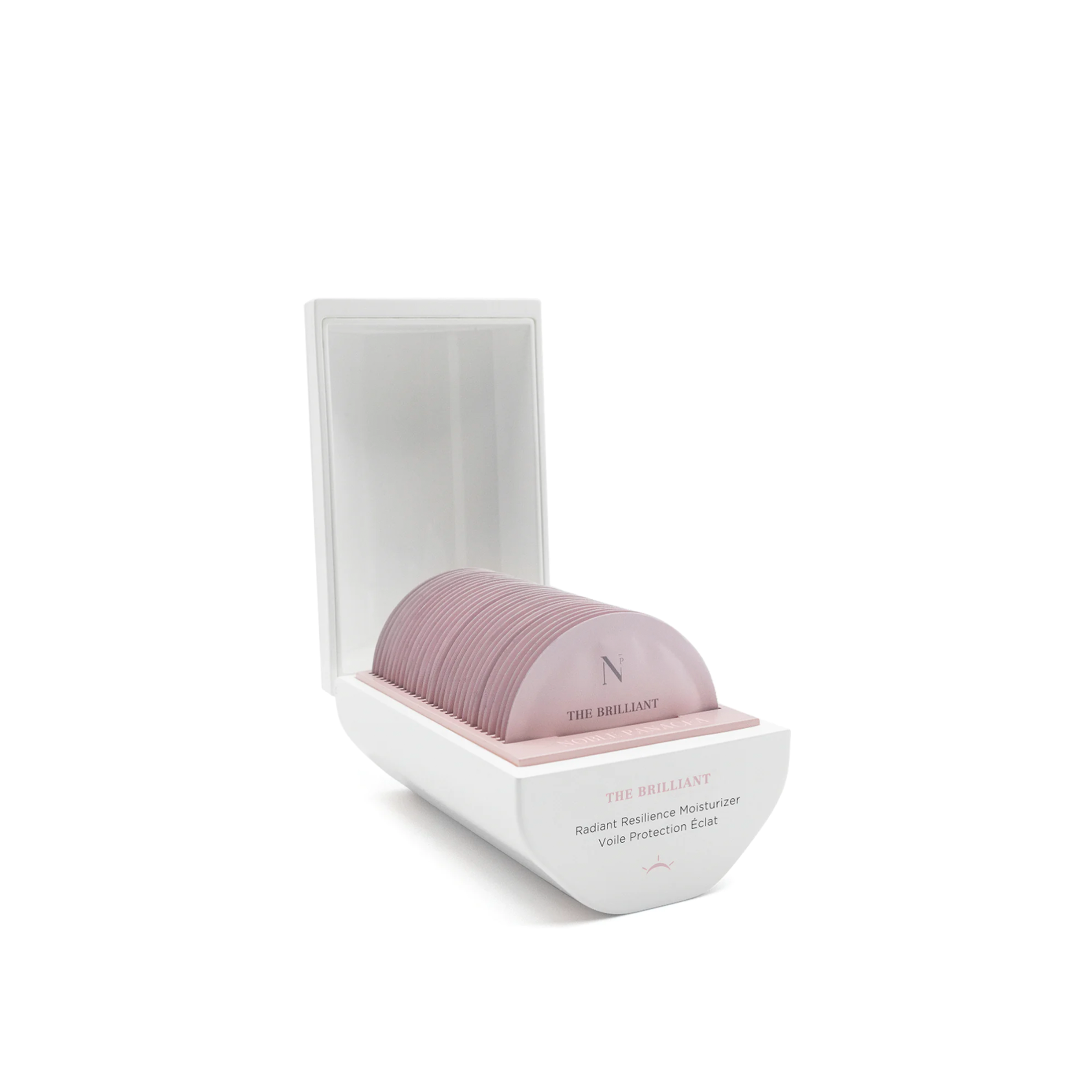A white box with a pink-colored moisturizer container inside, labeled 'Noble Panacea The Brilliant Radiant Resilience Moisturiser'.
