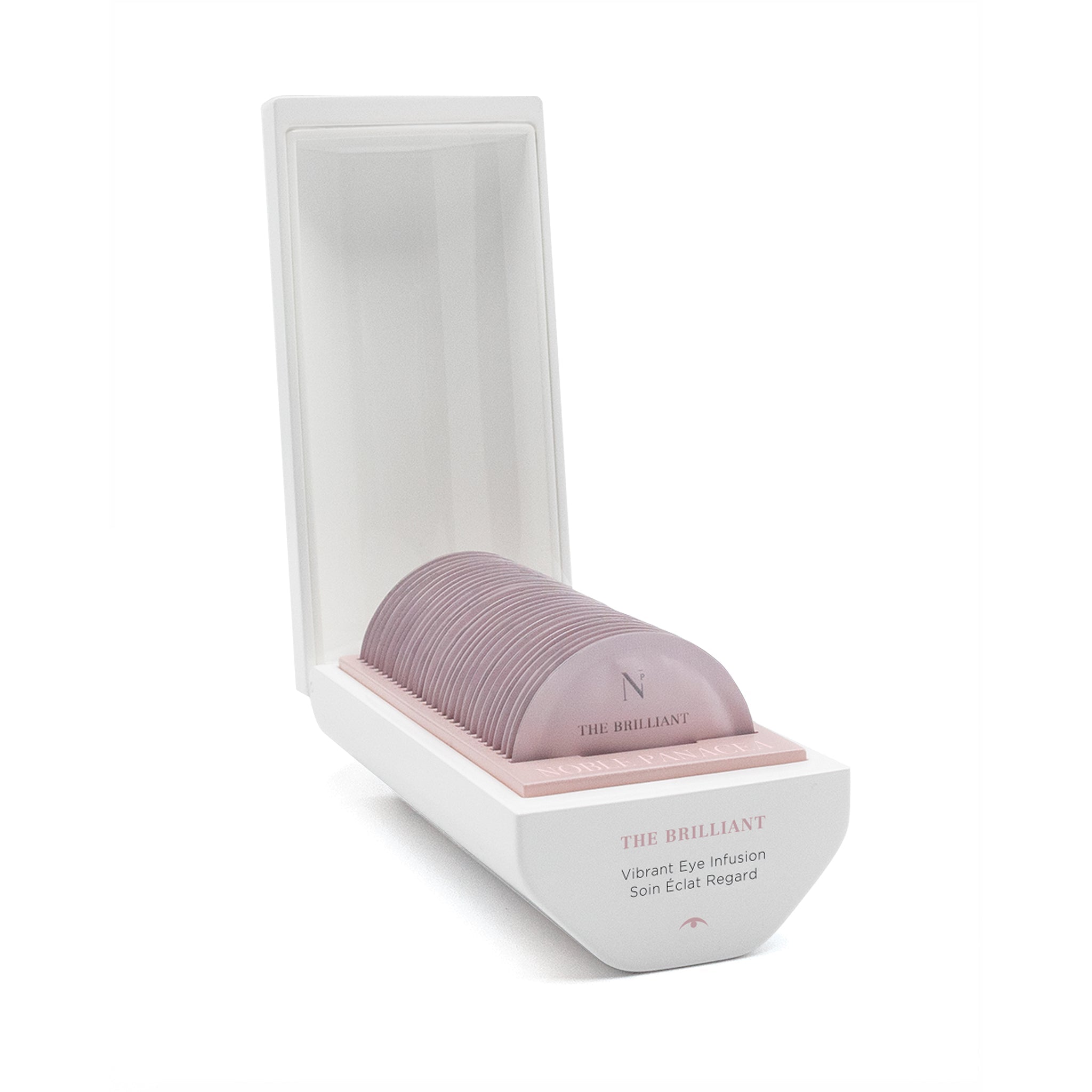 A packaged eye cream product showing pink sachets inside. The packaging is predominantly white with text and branding.