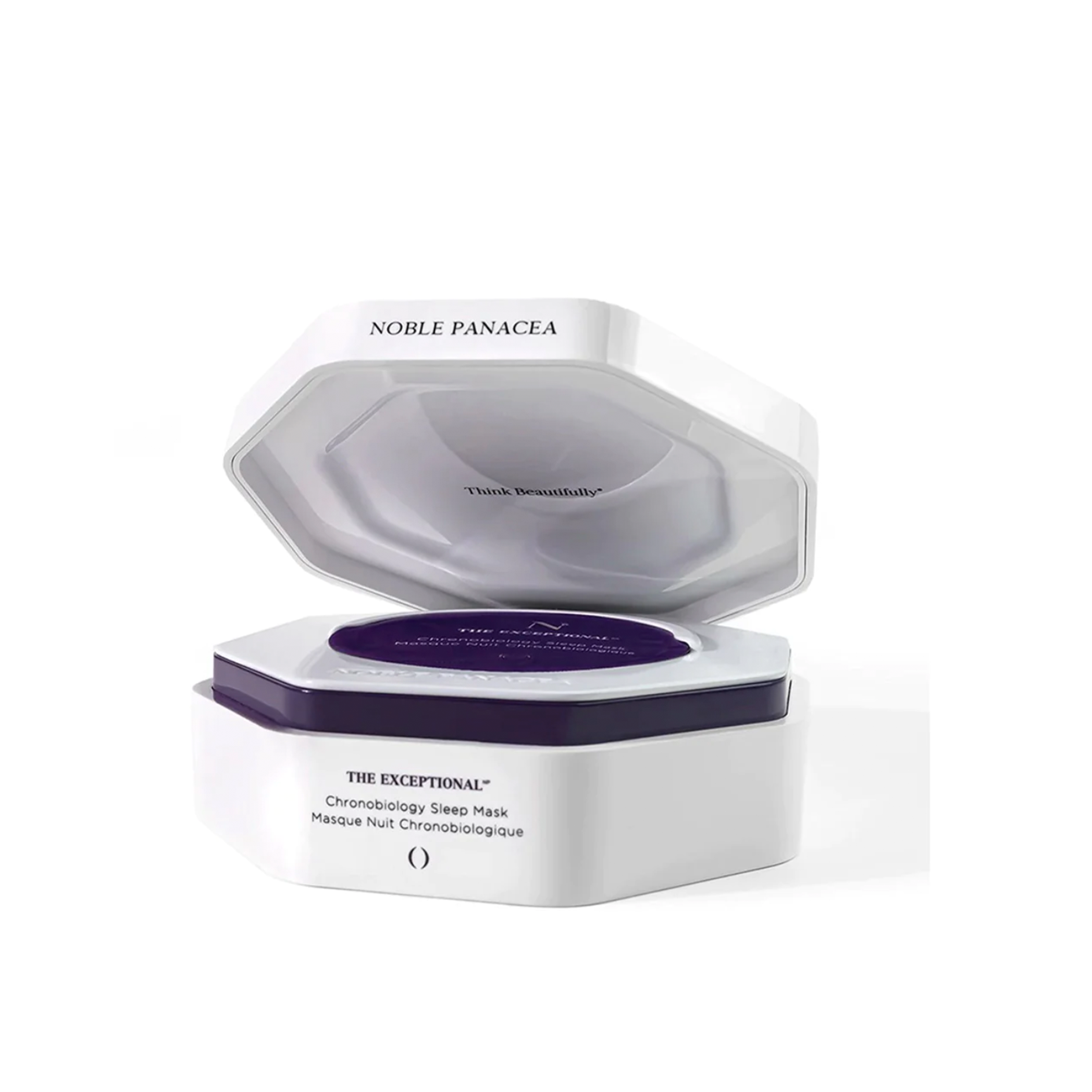 A packaged sleep mask product by Noble Panacea, with the product visible inside an open white box.