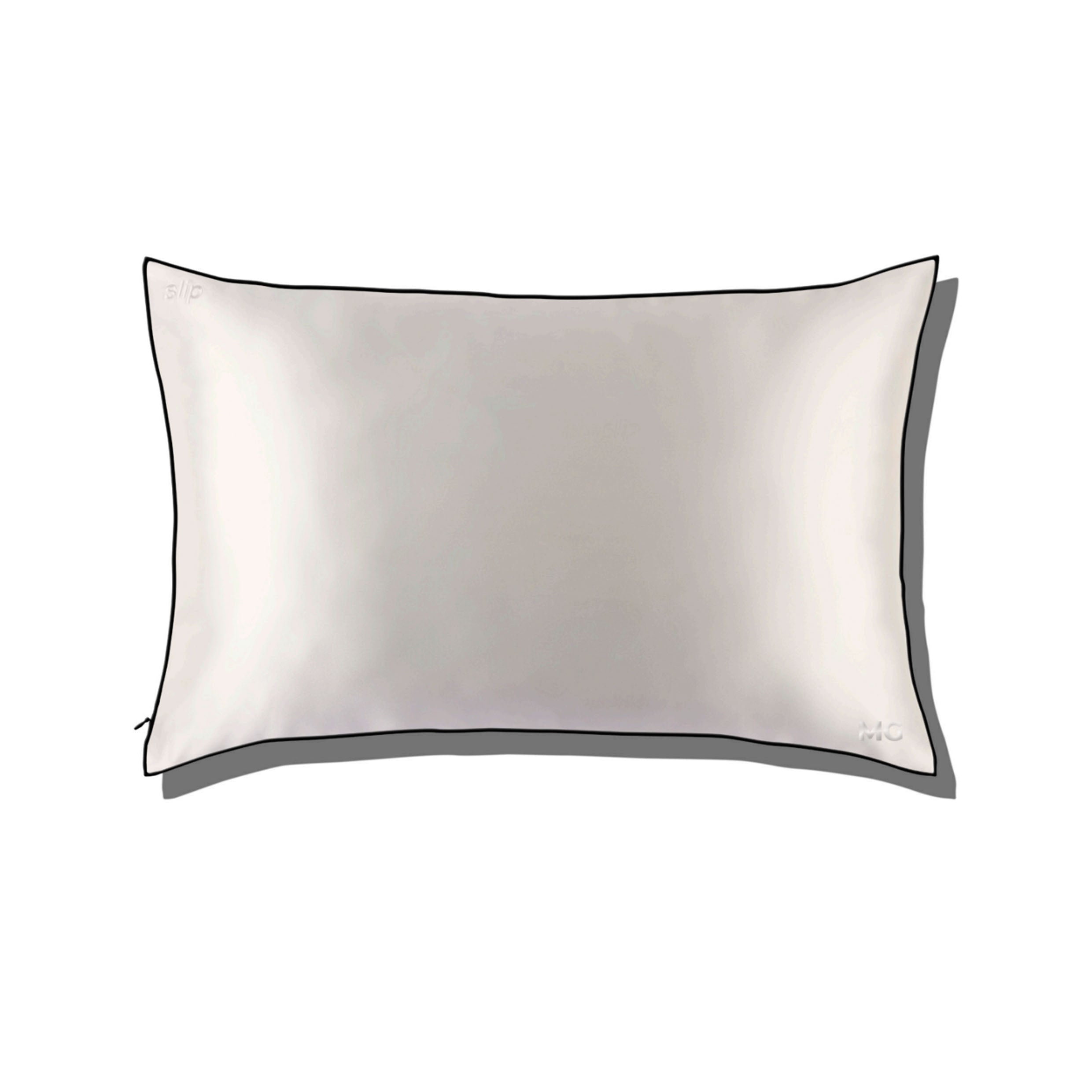 A white silk pillowcase with a black trim and a visible zipper.