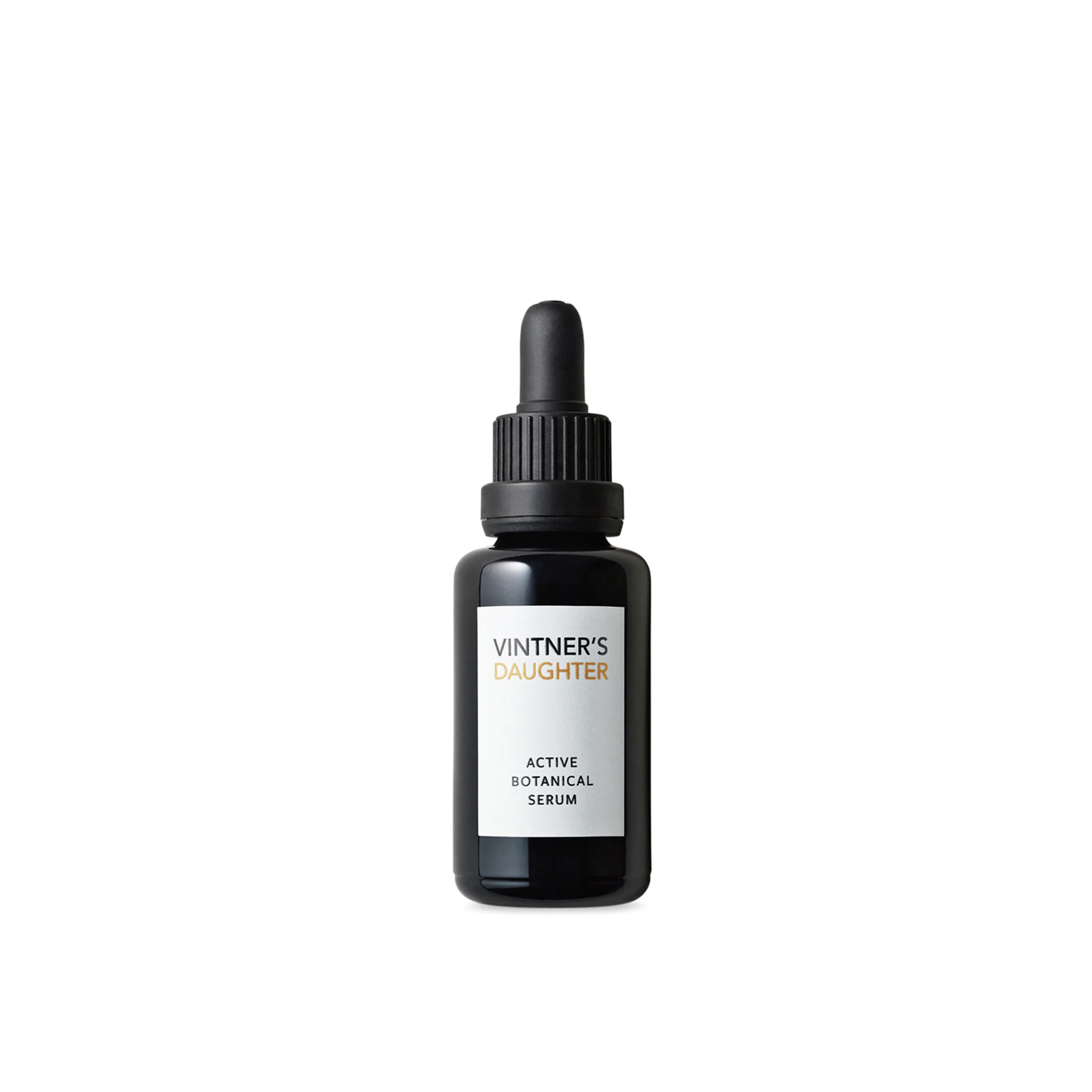 A black bottle with a dropper containing Active Botanical Serum by Vintner's Daughter.