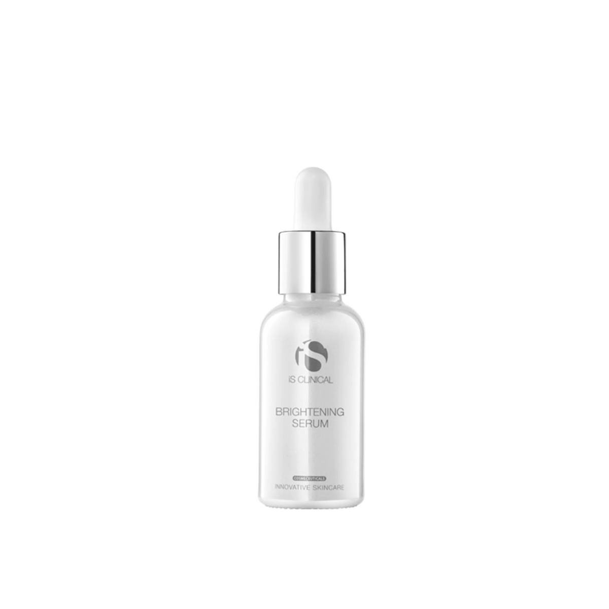 A white bottle with a silver dropper, labeled 'iS Clinical Brightening Serum' against a plain background.