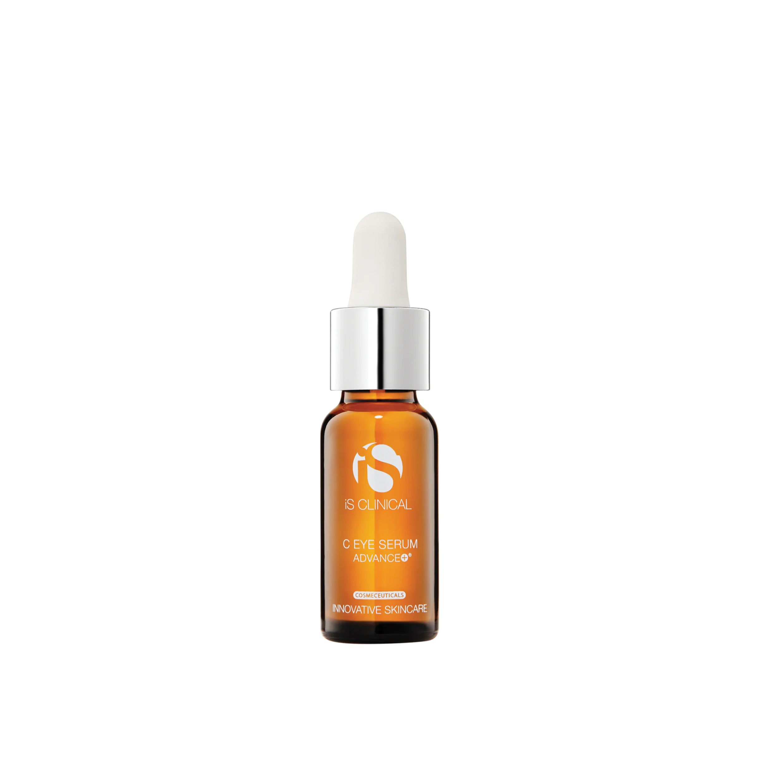 A bottle of iS Clinical C Eye Serum Advanced + with a dropper, containing a yellowish liquid, set against a white background.