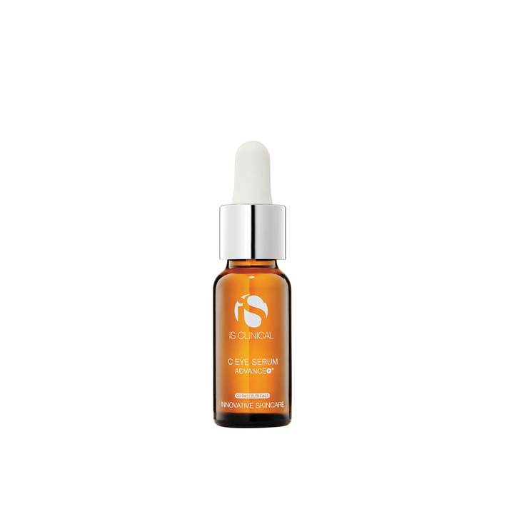 A bottle of iS Clinical C Eye Serum Advanced + with a dropper, containing a yellowish liquid, set against a white background.