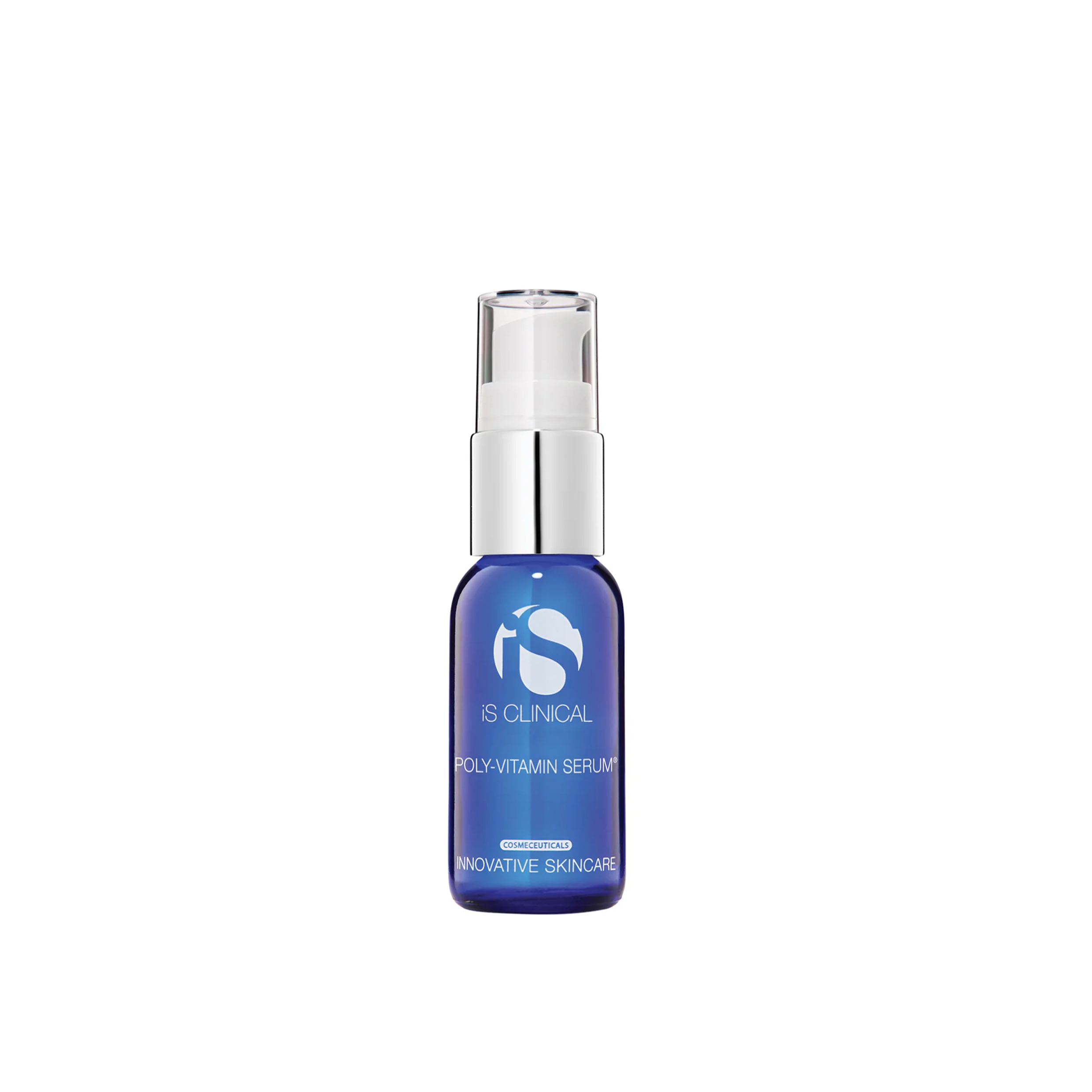 A bottle of iS Clinical Poly-Vitamin Serum with a white and blue label, clear dropper, and 30ml volume indication.