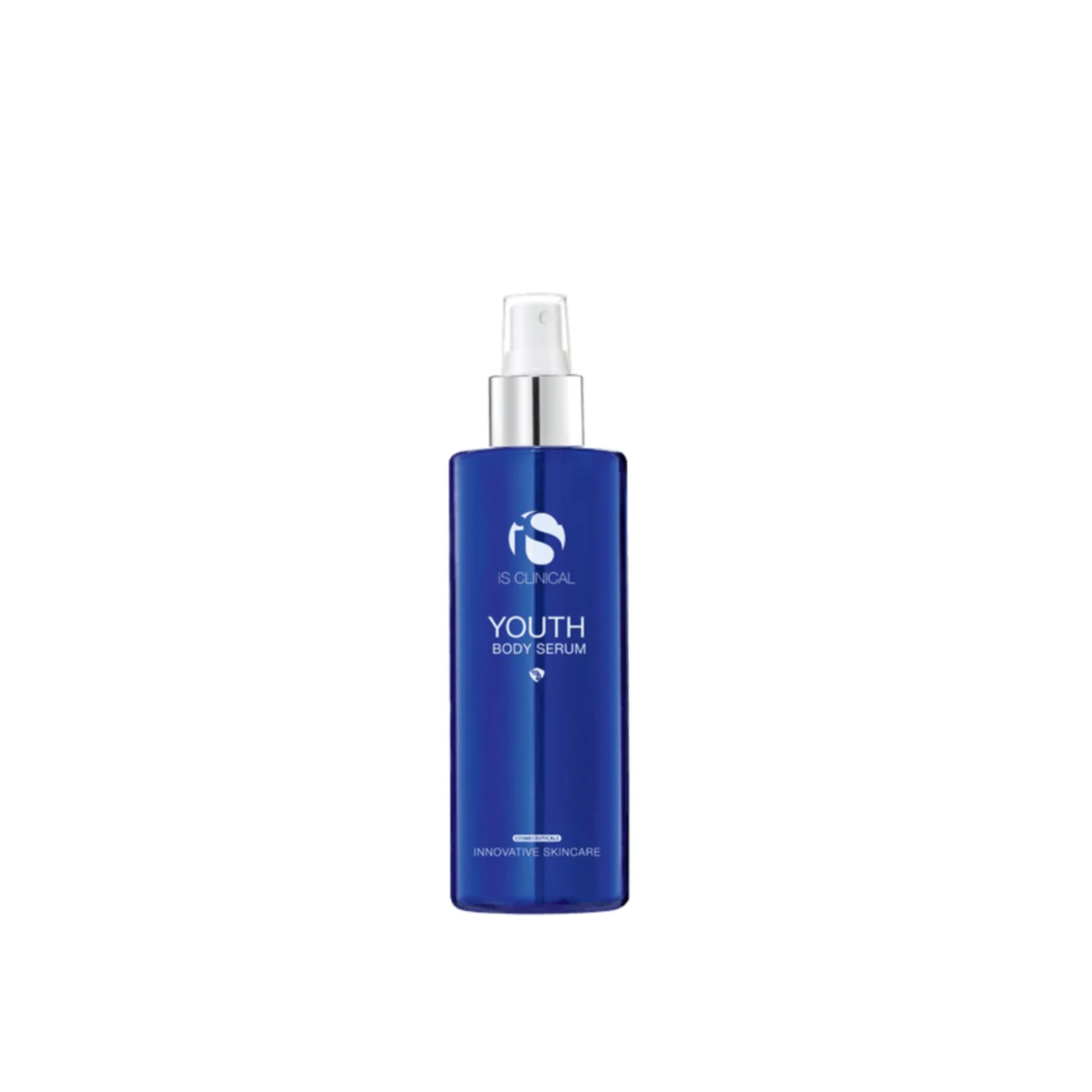 A blue bottle of iS Clinical Youth Body Serum with a white spray dispenser.
