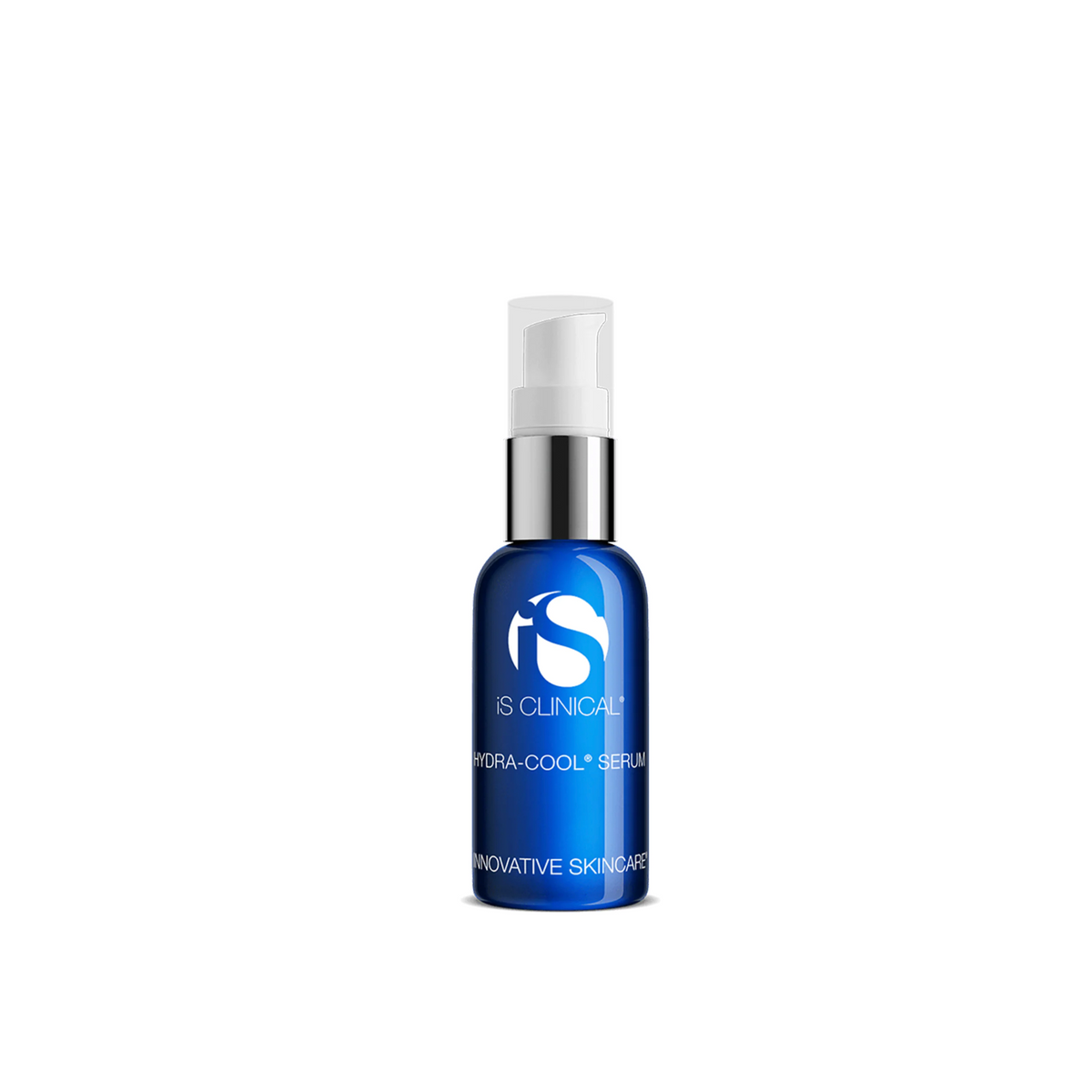 A blue bottle of iS Clinical Hydra Cool Serum with a white spray nozzle.